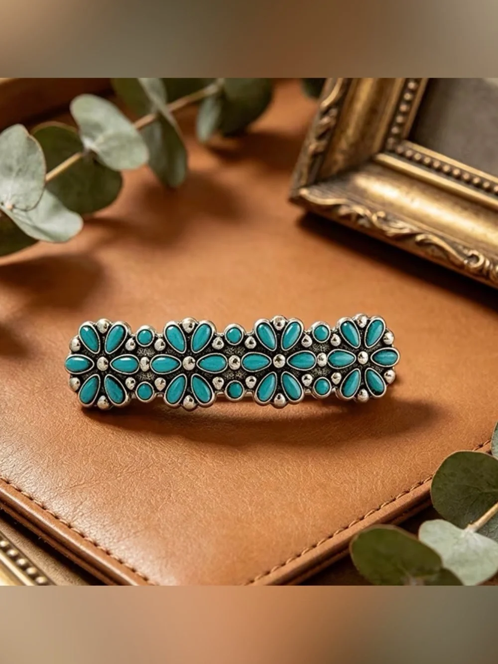 Western Barrette Turquoise Floral Barrette Hair Clip - Women Accessories